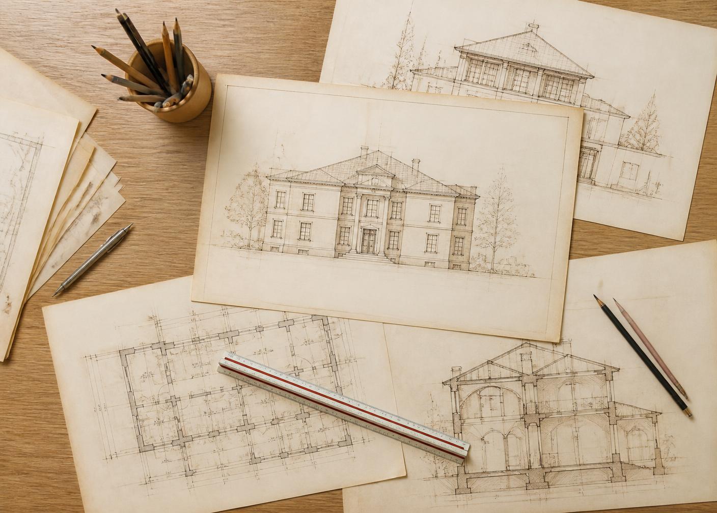 Pranchas de desenho técnico, cortes e elevações do projeto
